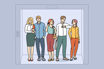 Businesspeople sanding in elevator together. Employees or colleagues team waiting in lift in office. Teamwork. Vector illustration.  - obrazy, fototapety, plakaty