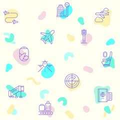 Abstract Vector pattern on the theme of airport, flight, runway, tower, landing, travel, baggage, arrival, tourism and more. simple color icons on beige background.