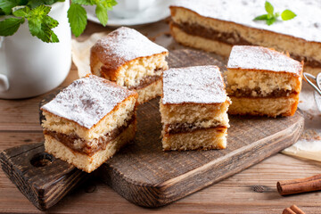 Fototapeta na wymiar Fresh sponge cake with apples. Chiffon biscuit on table