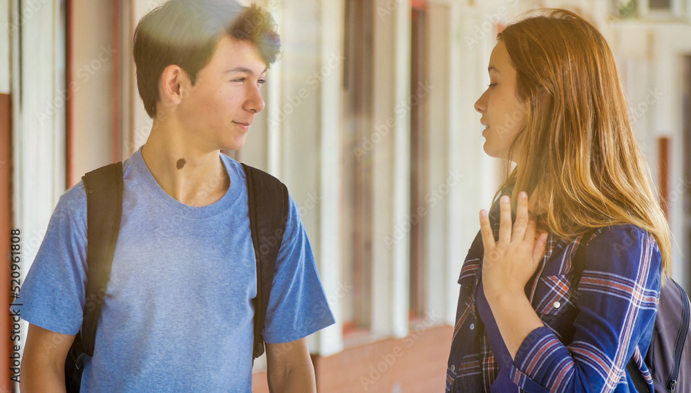 Sticker Caucasian teenager couple talking at school