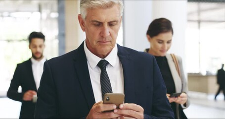 Business travel, trip and airport commute for walking entrepreneurs, colleagues or leaders with phones. Confident, successful or proud manager leading a corporate team and commuting for work abroad