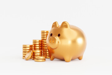 Gold piggy bank with gold coin stacks finance savings investment concept background 3D illustration