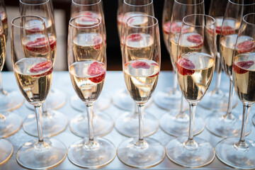 Row of glasses filled with champagne and raspberry are lined up and ready to be served during party or celebration.