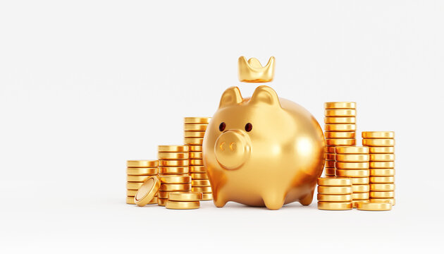Gold piggy bank wearing a crown with gold coin stacks finance savings investment concept background 3D illustration