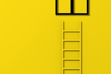 Yellow stairs on a yellow background. Black window. The stairs stand vertically against the wall. Road to success concept. 3d image. 3D visualization.
