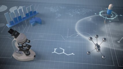 3d rotating microscope, molecule and medical capsule over statistical data processing in a digital screen. Biochemistry research concept. - Powered by Adobe