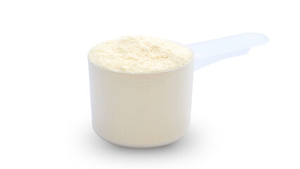 A scoop of whey protein powder on a white background. - Powered by Adobe