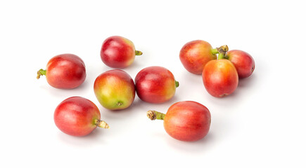 Fresh Arabica coffee beans on a white background.