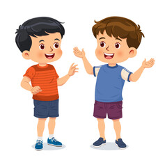 Two little boys have fun talking together. Cartoon characters vector isolated on white background