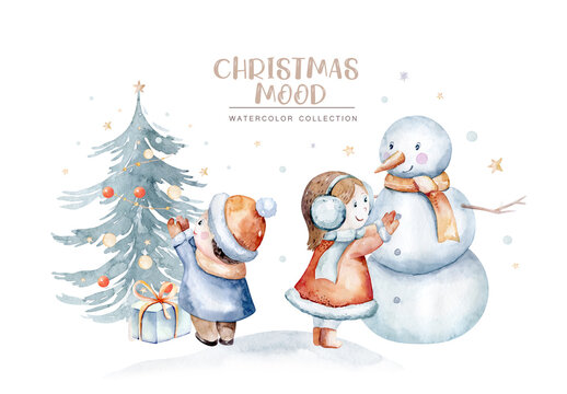 Watercolor Merry Christmas illustration with snowman, christmas tree, santa holiday invitation. Christmas gift celebration cards. Winter new year design.