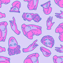Vector seamless pattern with greek ancient trippy sculpture and neon