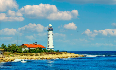 Chersonese lighthouse in Crimea, Sevastopol on the Black Sea coast at Cape Tarkhankut, beautiful...