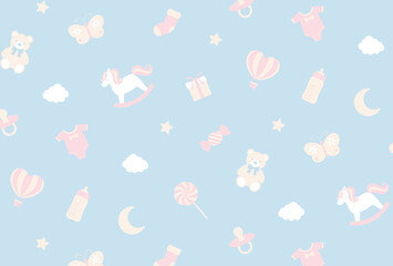 seamless pattern with a set of baby items for banners, cards, flyers, social media wallpapers, etc.