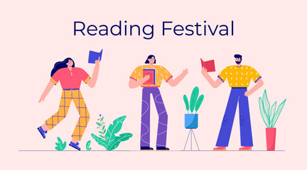 Modern people reading book festival. Set of characters enjoying their hobbies, leisure. Vector illustration in flat cartoon style. - 520964405