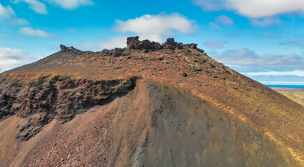 Saxholl Crater is a famous volcano in Iceland. Aerial view in summer season from drone.