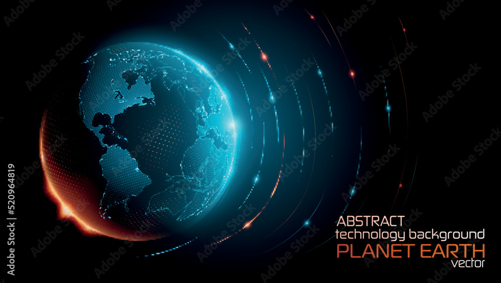 Poster blue abstract futuristic background. tech vector. sunrise. satellites and rockets in orbit of planet