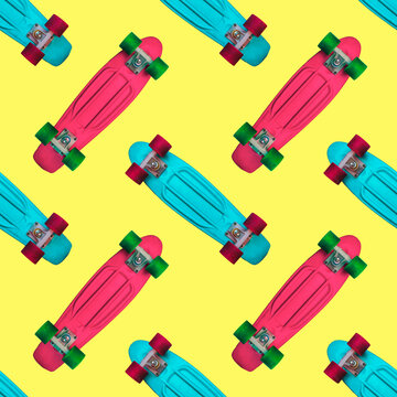 Collage art and seamless pattern of red and blue  skateboards on yellow background