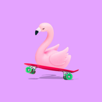 Collage art of plastic pink flamingo with red skateboard on purple background.  Creative concept of fun vibe.