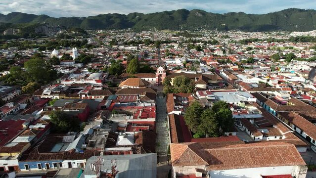downward and receding aerial view of the city of san cristobal de las casa in chiapas mexico