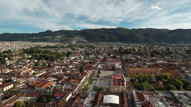 drone shot touring the city of san cristobal de las casas in chiapas mexico in the morning