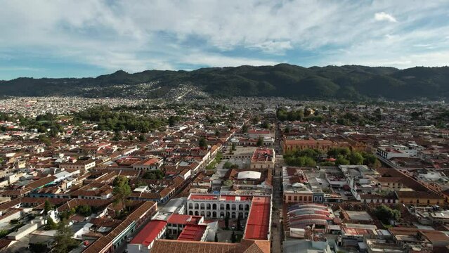 Aerial elevation view of the church and main square in San Cristobal de las Casas in Chiapas Mexico