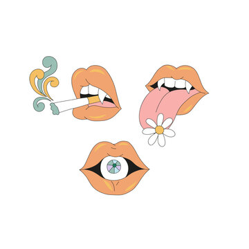 Vampy lips smoking cigarette with tongue with eye vector illustration set isolated on white. Hippie Groovy Halloween print collection for T-shirt design.