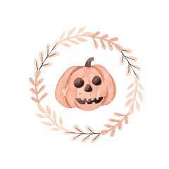 Orange pumpkin with a carved face for Halloween decor. A traditional jack-o'-lantern hand-painted in watercolor in a frame of leaves. Isolated on a white background.
