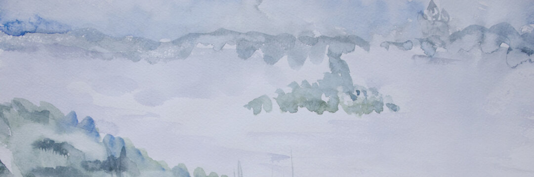 Neutral panorama background with space for text. Vastness and serenity concept. Haze and cloud cover brush strokes airy texture. Orthodox church silhouette with cupola. Lake landscape with island.