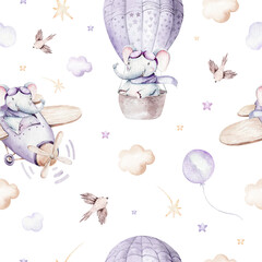 Watercolor purplecute animal safary elephant and airplane. sky scene plane and balloons, clouds. Baby Boy and girl pattern. baby shower