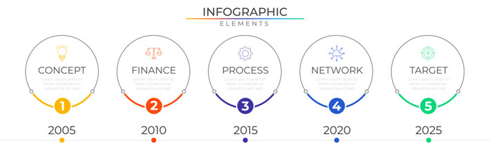 Cirucilar timeline infographic elements concept design vector with icons. Business workflow network project template for presentation and report.