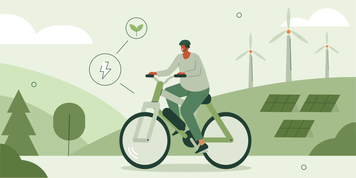 Character living sustainable lifestyle and driving e-bike in modern city with windmills and solar panels. Electric transportation and eco friendly vehicle concept. Vector illustration.
