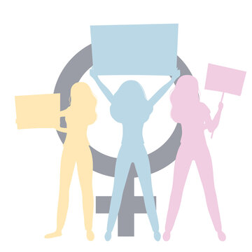Vector illustration of women holding signs, banner and placards on a protest demostration or picket. Women against violence, descrimination, human rights violation.