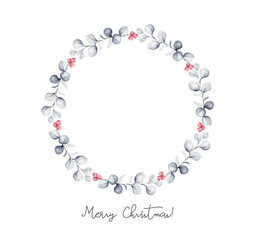 Watercolor winter wreath frame set. Branches with red holly berries. Round New year and Christmas frames with place for date, inscription, text. greeting cards, banners, invitation