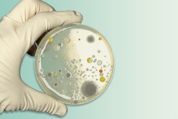 Hand with Petri dish or culture media with bacteria, Test various germs, virus, Coronavirus,...