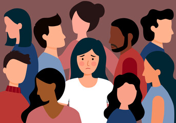 Sad woman feel lonely in crowd in flat design. Unhappy unique person. Loneliness in crowd. - obrazy, fototapety, plakaty