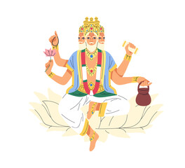 Brahma, Indian trinity god. Hindu creator deity with three heads, sitting on lotus. Religious bearded men trimurti from Hinduism, India. Flat vector illustration isolated on white background