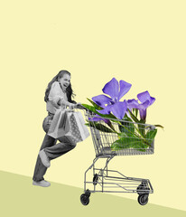 Contemporary art collage. Girl with shop cart filled flowers. Concept of vintage and retro design, creativity, imagination, inspiration, artwork and ad