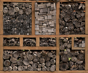 Different types of firewood on the shelves