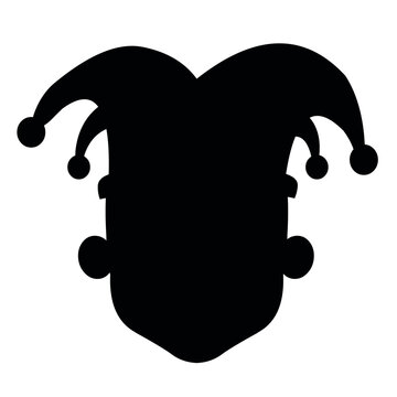 Vector illustration of black silhouette of the head of a jester with a harlequin hat