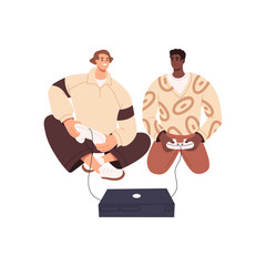 Happy men friends playing video game, sitting on floor with consoles. Guys players holding joysticks in hands during online videogame. Flat graphic vector illustration isolated on white background