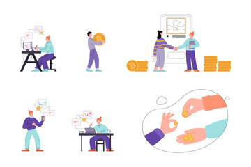 Set of scenes with people about NFT arts and buying it with cryptocurrency flat style