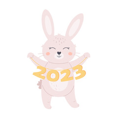 Cute white bunny wishes a Happy New Year 2023. Year of the Rabbit. Winter holidays. Hand drawn vector illustration