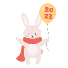 Cute white bunny in scarf wishes a Happy New Year 2023. Year of the Rabbit. Winter holidays. Hand drawn vector illustration