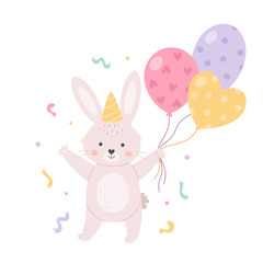 Obraz na płótnie Canvas Happy Birthday greeting card. Cute white rabbit with balloons, birthday hat and serpentine. Hand drawn vector illustration