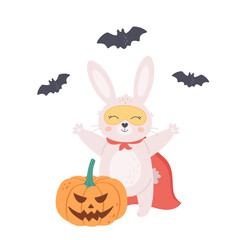 Cute white rabbit in a Halloween costume with a pumpkin and bats. Happy Halloween greeting card. Hand drawn vector illustration