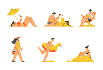 Man, tourist resting on beach, set vector flat illustration on white background.