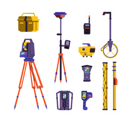 Surveyor or geodesy professional equipment flat vector illustration isolated. - obrazy, fototapety, plakaty