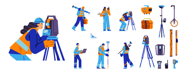 Surveyor characters and equipment set, flat style, vector illustration