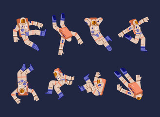 Astronaut floating in space in various poses, flat vector illustration isolated on dark background. © Kudryavtsev