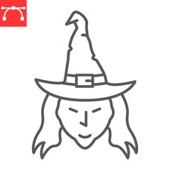Witch face line icon, halloween and scary, witch vector icon, vector graphics, editable stroke outline sign, eps 10.